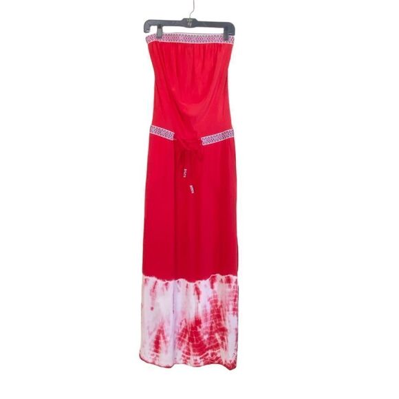 Gypsy 05 Red Tie Dye Cairo 100% Silk Embroidered Strapless Maxi Dress Sz XS - Picture 3 of 15